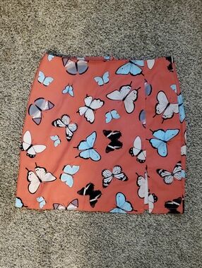 SHEIN Coral Mini Skirt with Blue & Black Butterfly Print
